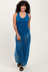 Blue Crochet V-Neck Side Slit Cover Up