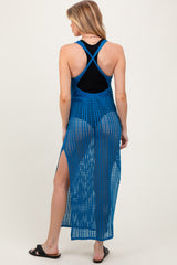 Blue Crochet V-Neck Side Slit Maternity Cover Up