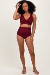 Burgundy Ribbed Twist Cutout Front Swim Set