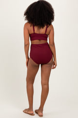 Burgundy Ribbed Twist Cutout Front Swim Set
