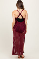 Burgundy Crochet V-Neck Side Slit Maternity Cover Up