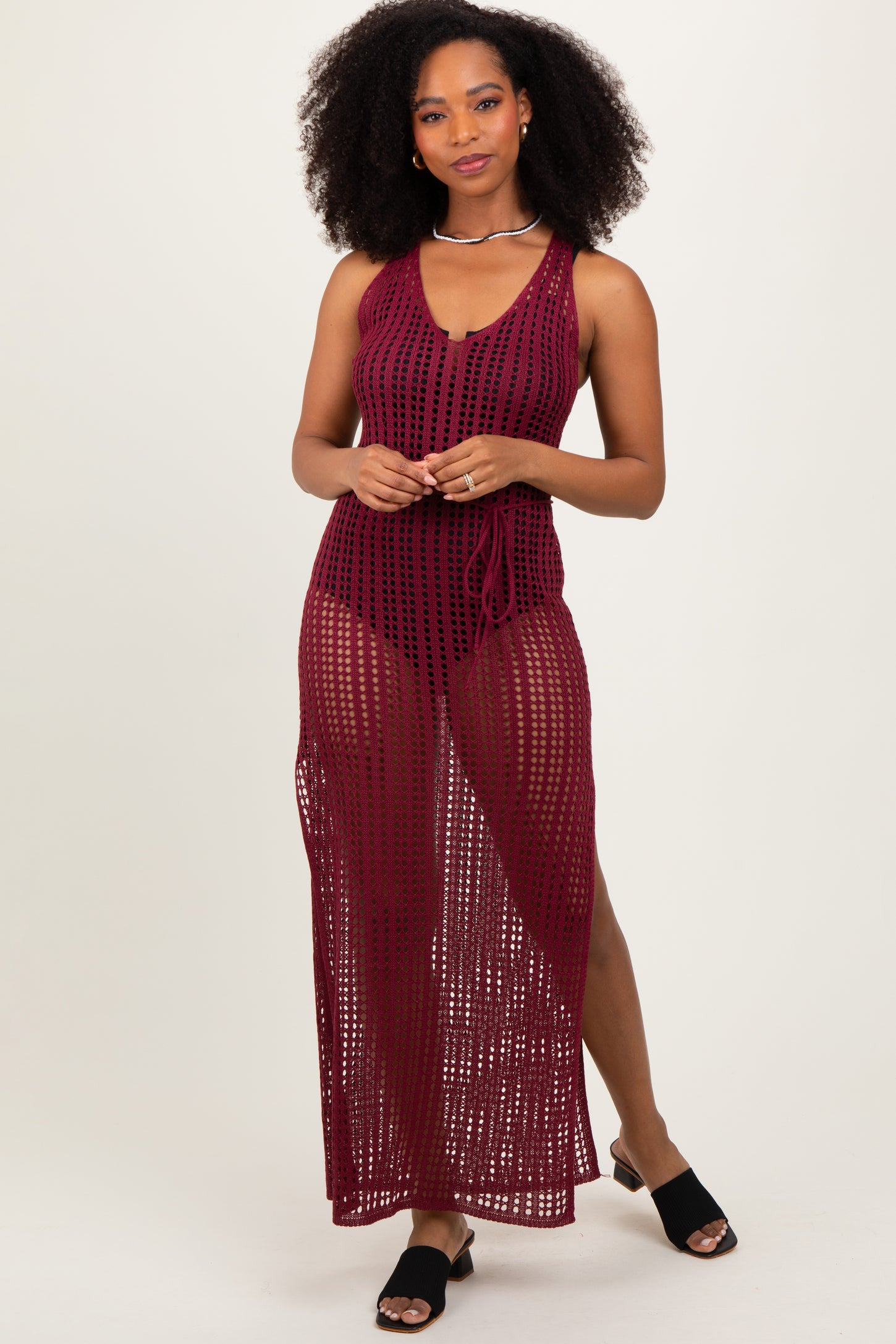 Burgundy Crochet V-Neck Side Slit Cover Up