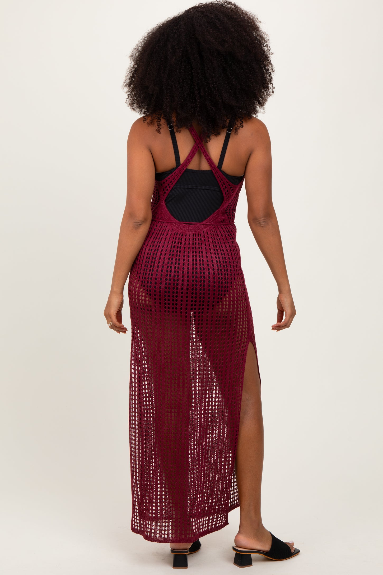 Burgundy Crochet V-Neck Side Slit Cover Up