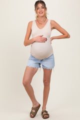 Light Blue High Rise Distressed Hem A Line Maternity Shorts