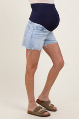 Light Blue High Rise Distressed Hem A Line Maternity Shorts