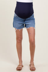 Blue High Rise Distressed Hem A Line Denim Maternity Shorts