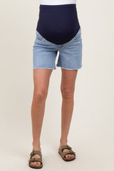 Blue High Rise Distressed Maternity Denim Shorts