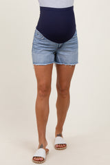 Blue High Rise Frayed Hem Maternity Denim Shorts