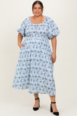Blue Multi Printed Floral Bubble Sleeve Maternity Plus Maxi Dress