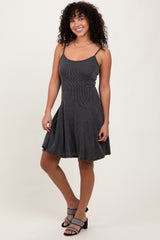 Charcoal Solid Ribbed Knitted Adjustable Strap Sleeveless Mini Dress