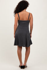 Charcoal Solid Ribbed Knitted Adjustable Strap Sleeveless Mini Dress