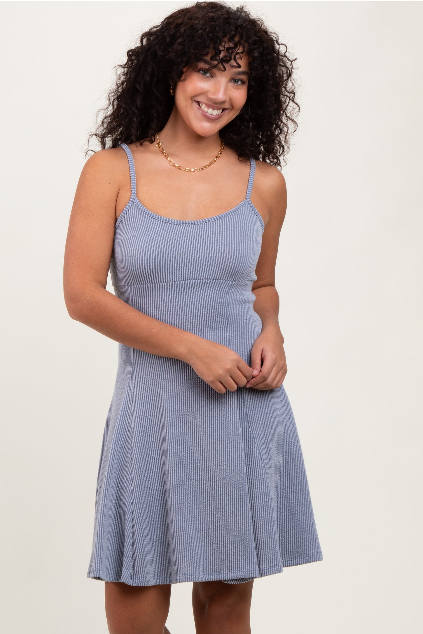 Light Blue Solid Ribbed Knitted Adjustable Strap Sleeveless Mini Dress