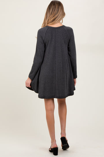 Charcoal Crew Neck Flared Fit Long Sleeve Maternity Mini Dress