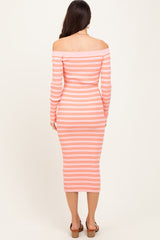 Peach Striped Ribbed Button Accent Off Shoulder Dress