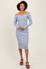 Light Blue Striped Ribbed Button Accent Off Shoulder Dress