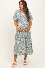 Mint Green Abstract Floral Shirt Maternity Midi Dress