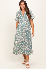 Mint Green Abstract Floral Shirt Maternity Midi Dress