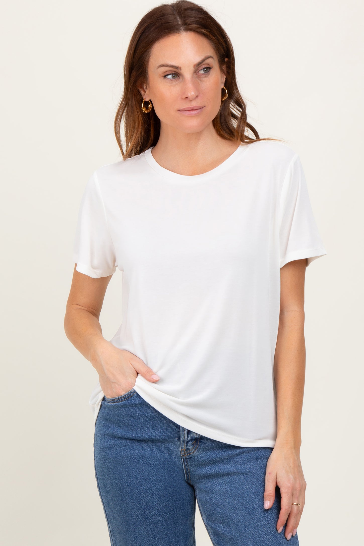 Cream Basic Round Neck Short Sleeve Maternity T-Shirt