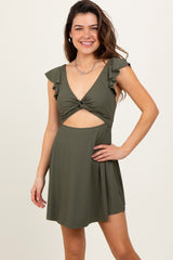 Olive Ribbed Ruffle Twist Front Swim Dress