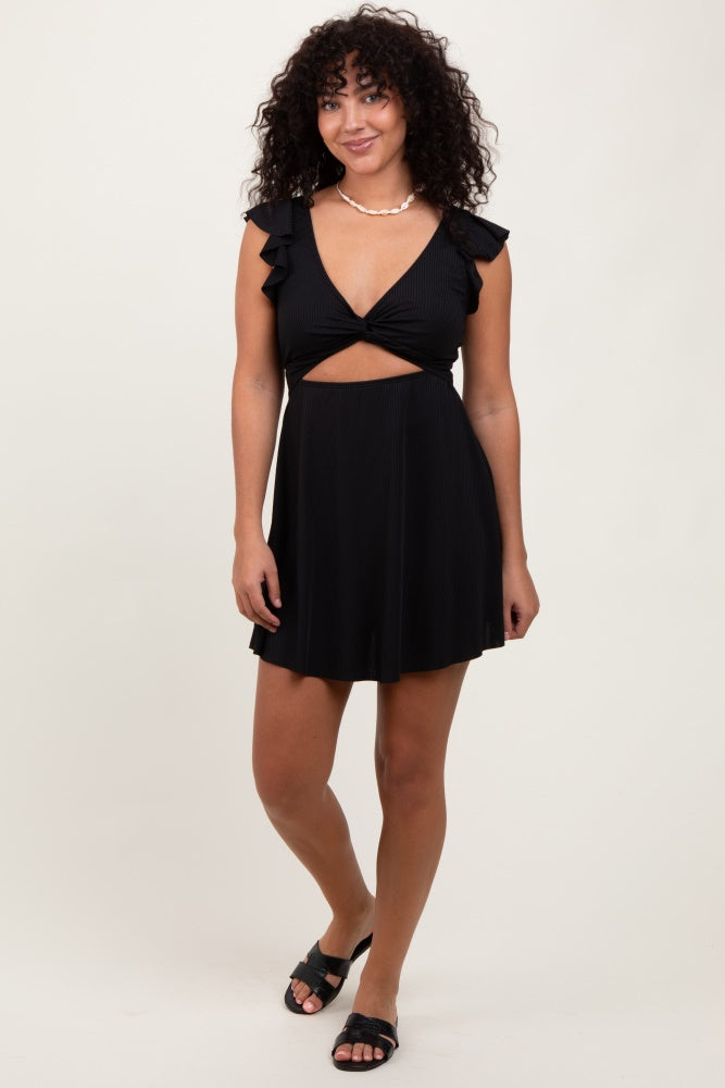 Black Ribbed Ruffle Twist Front Swim Dress