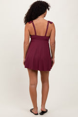 Burgundy Ribbed Ruffle Twist Front Swim Dress