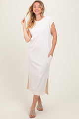 Cream Casual Sleeveless Pocketed Maternity Midi Dress