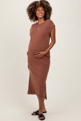 Camel Casual Sleeveless Pocketed Maternity Midi Dress