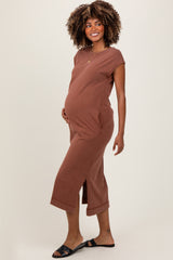 Camel Casual Sleeveless Pocketed Maternity Midi Dress