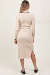 Beige White Trim Collared Fitted Maternity Dress