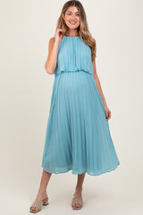 Blue Pleated Woven Maternity Midi Dress