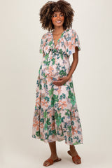 Light Pink Floral Print Woven Maternity Midi Dress