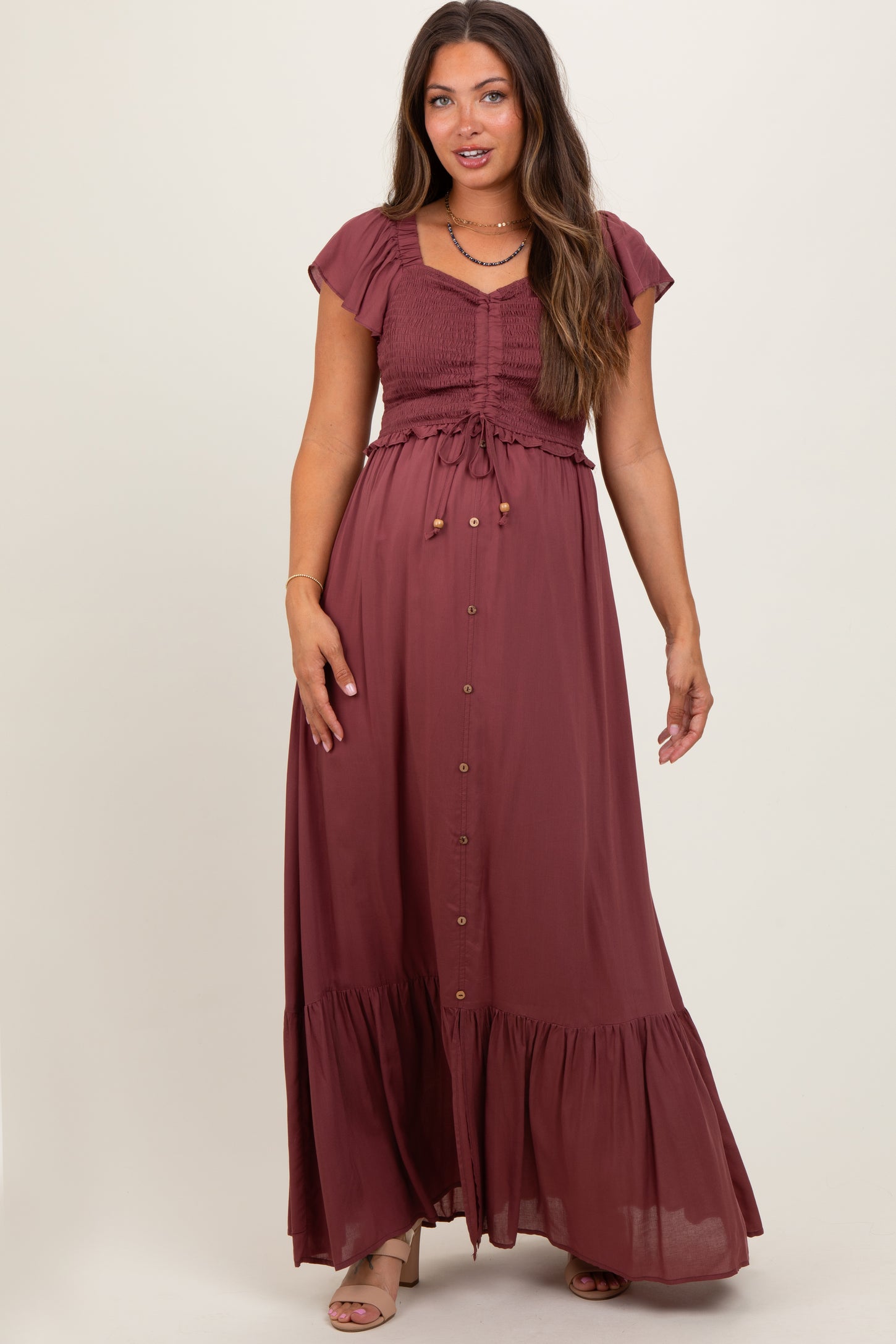 Burgundy Smocked Top Woven Maternity Maxi Dress