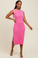 Pink Pointelle Contrast Trim Sweater Midi Dress