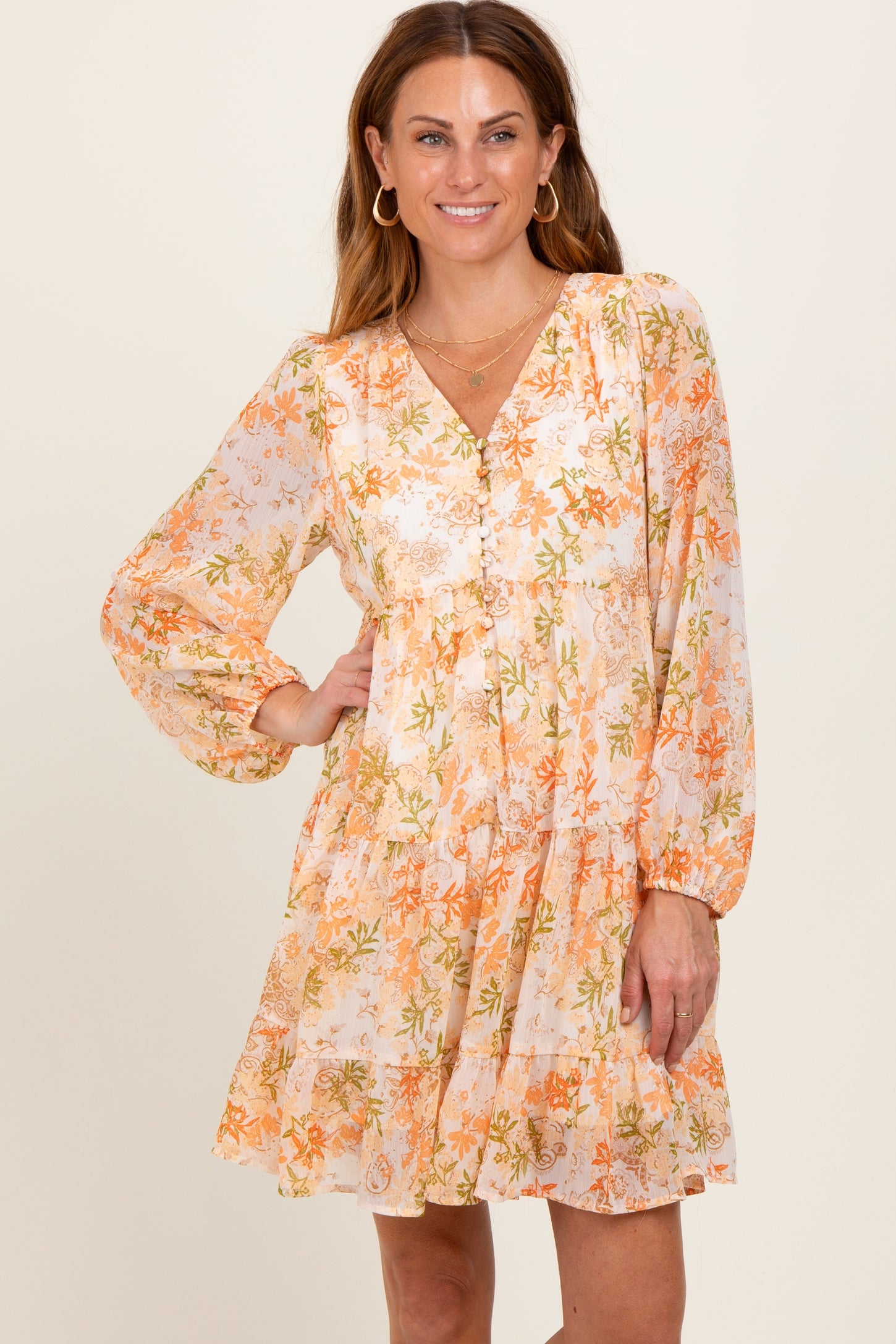 Orange Floral Chiffon Babydoll Long Sleeve Dress