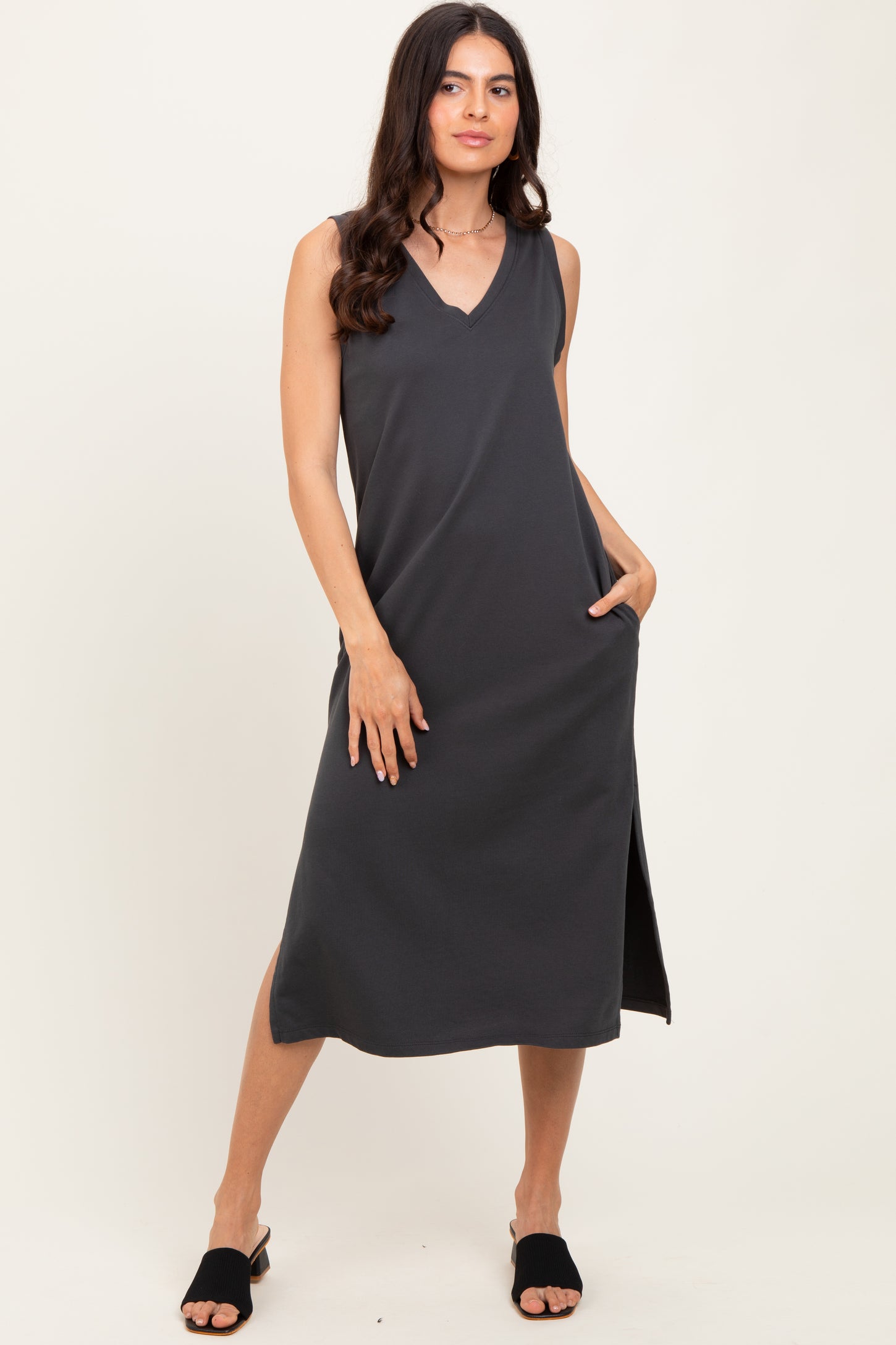 Charcoal V-Neck Sleeveless Side Slit Midi Dress