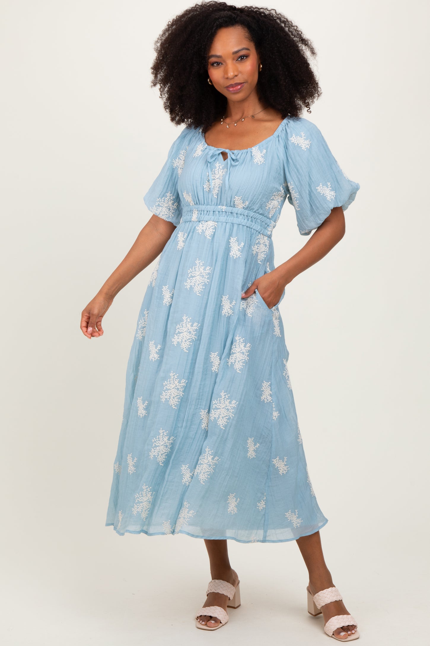 Light Blue Floral Embroidered Puff Sleeve Maternity Midi Dress