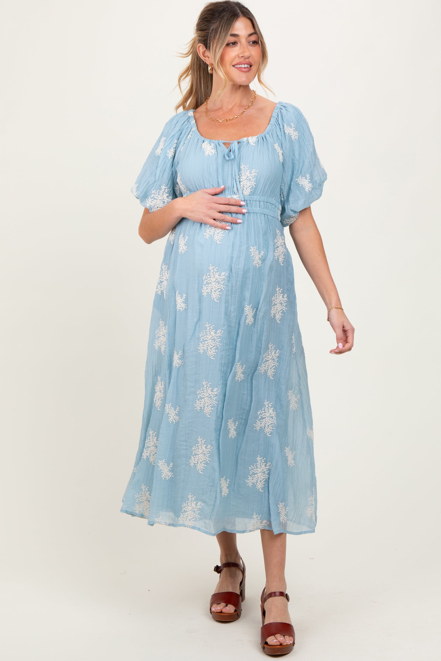 Light Blue Floral Embroidered Puff Sleeve Maternity Midi Dress