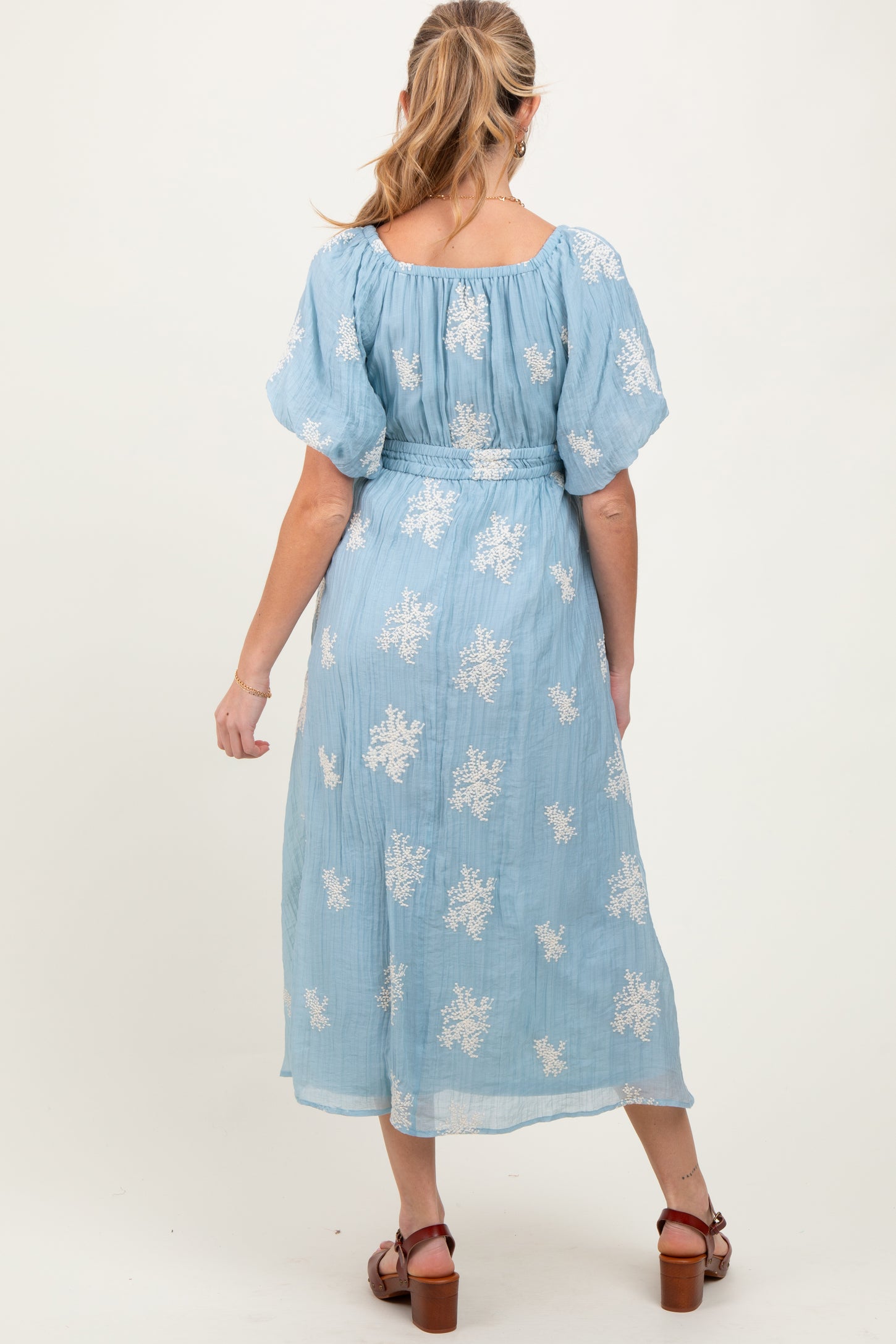 Light Blue Floral Embroidered Puff Sleeve Maternity Midi Dress
