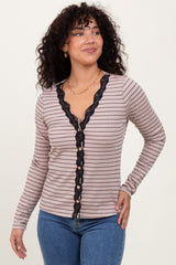 Mocha Striped Ribbed Long Sleeve Lace Detail Button Down Cardigan
