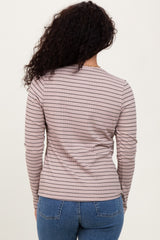 Mocha Striped Ribbed Long Sleeve Lace Detail Button Down Cardigan