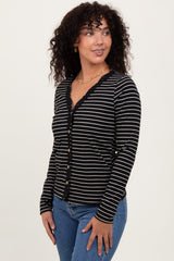 Black Striped Ribbed Long Sleeve Lace Detail Button Down Cardigan