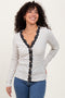 Ivory Striped Ribbed Long Sleeve Lace Detail Button Down Cardigan