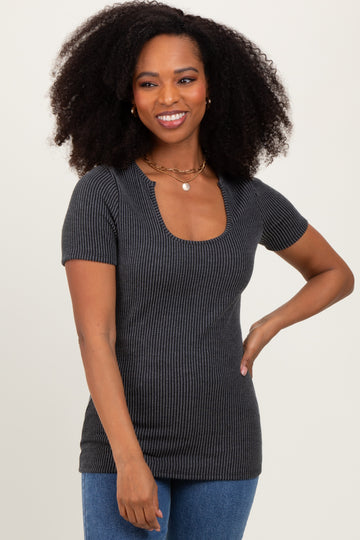 Charcoal Solid Ribbed Short Sleeve Round Neck Basic Top