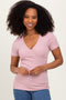 Light Pink Solid Ribbed Short Sleeve V-Neck Basic Top