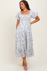 Cream Navy Leaf Printed Smocked Maternity Midi Dress