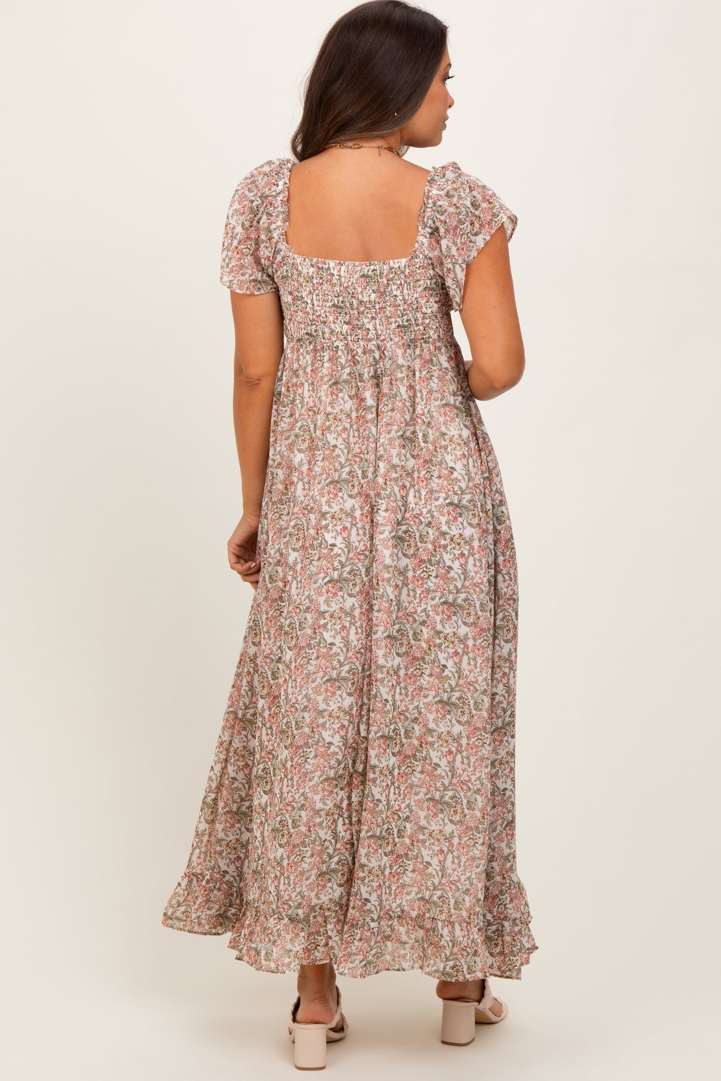 Cream Multi Flutter-Sleeved Smocked Floral Maternity Maxi Dress