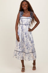 Grey Blue Floral Shoulder Tie Midi Dress