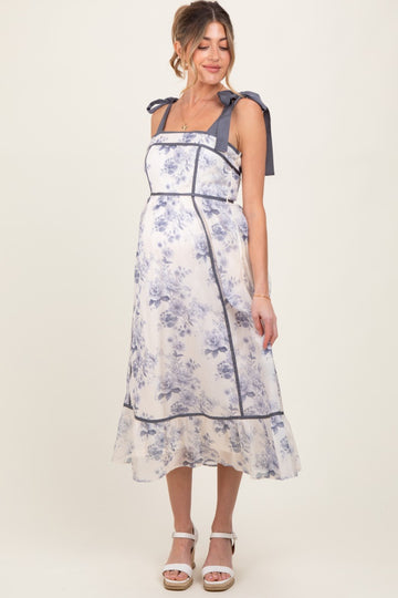 Grey Blue Floral Shoulder Tie Maternity Midi Dress