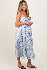 Blue Adjustable Strap Tie Front Maternity Midi Dress