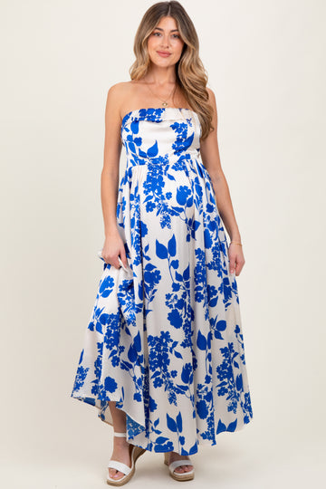 Blue Strapless Back Tie Maternity Maxi Dress